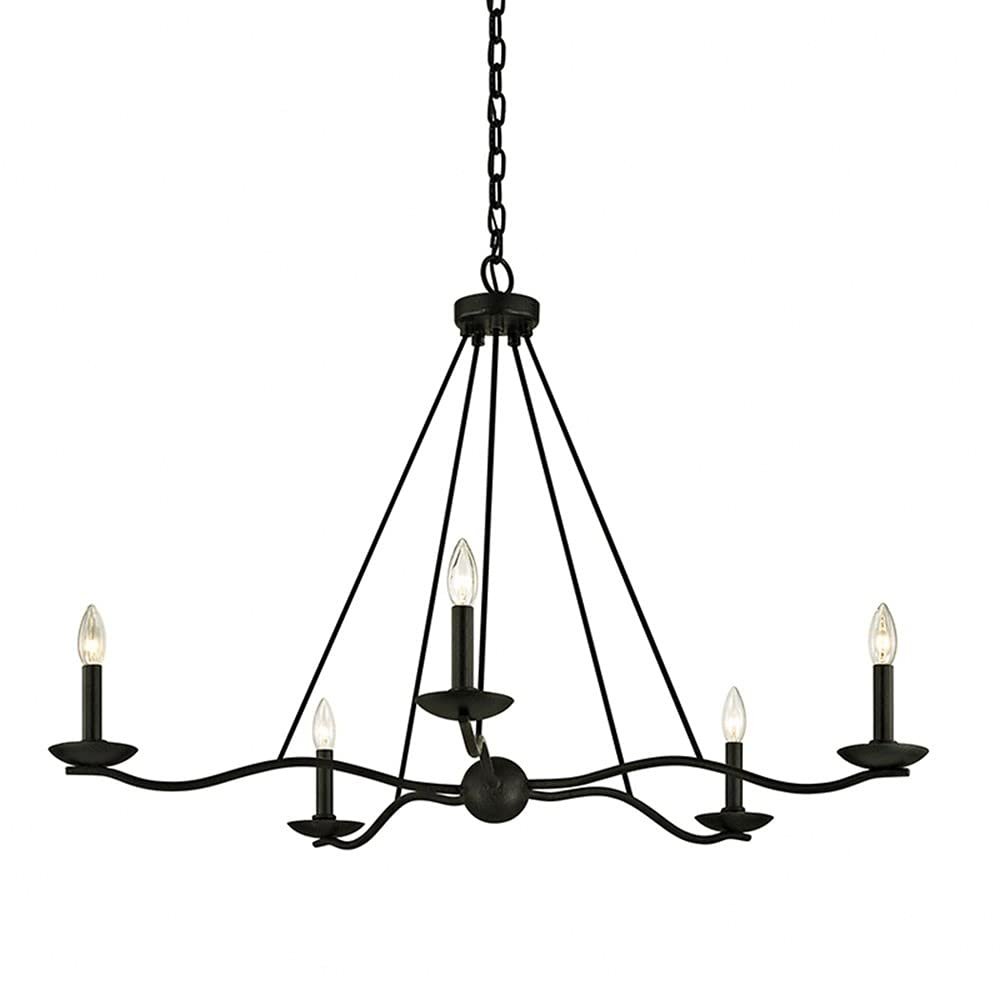 Black wrought iron chandelier with five candle-style lights, hanging from chain