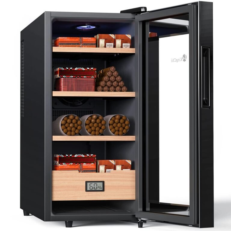 Cigar humidor with open door, shelves of cigars, and a digital humidity display