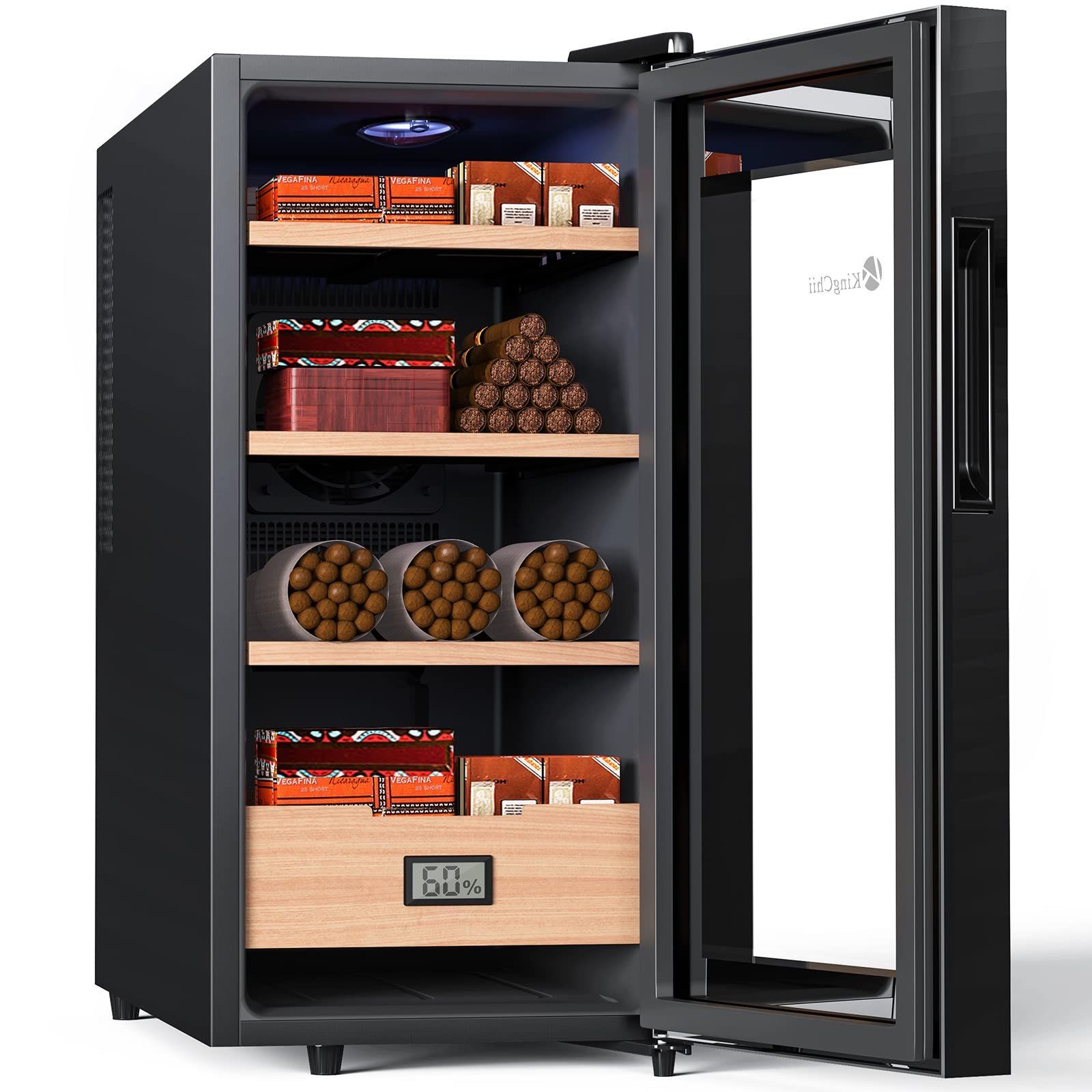 Cigar humidor with open door, shelves of cigars, and a digital humidity display