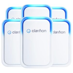Five white Clarifion air purifiers with blue glowing edges