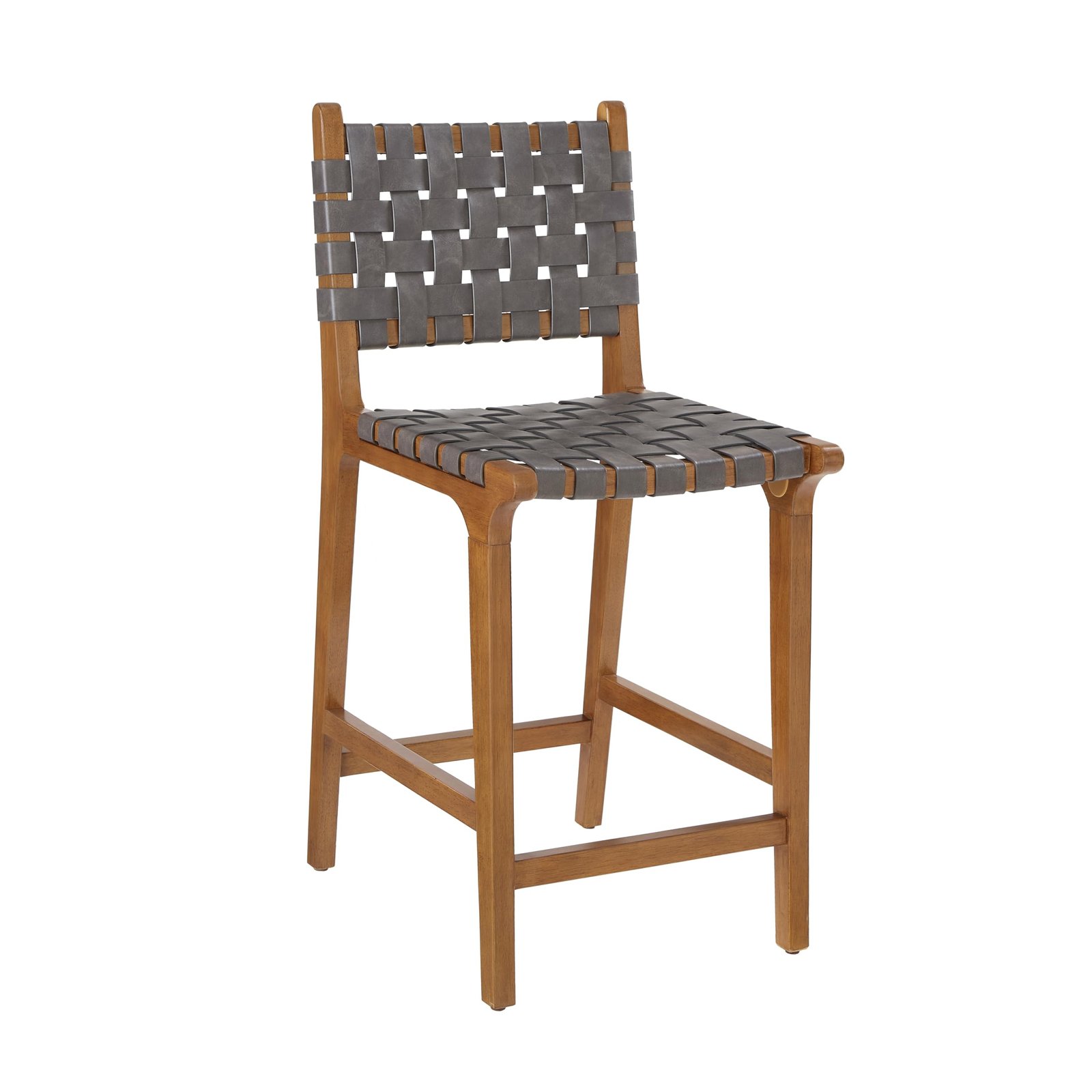 Wooden bar stool with gray woven leather seat and back