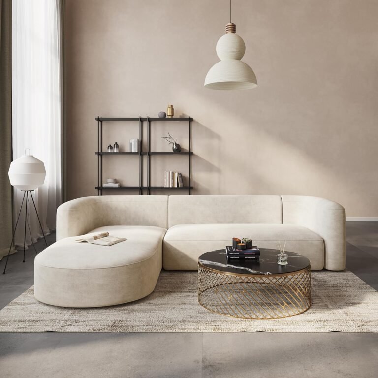 Modern living room with a beige sectional sofa, coffee table, and shelves