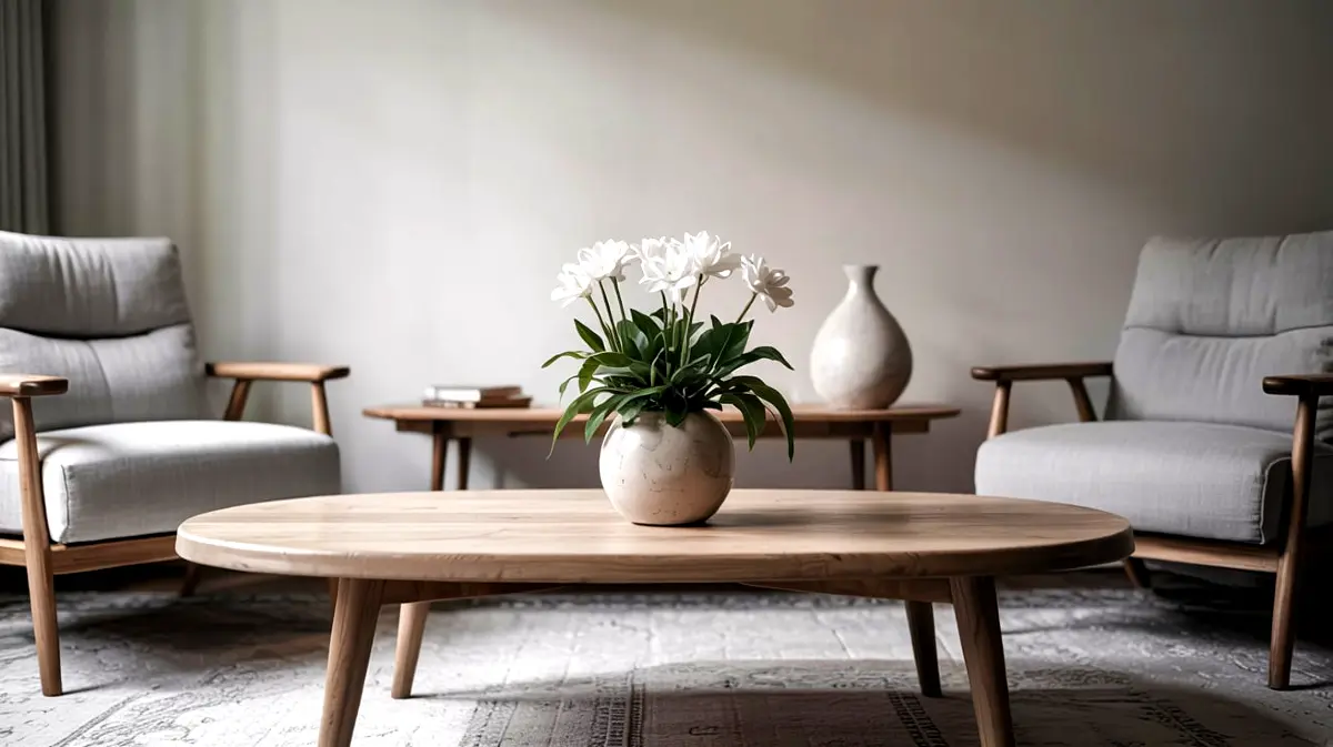 Japandi living room: minimalist design with wooden furniture and flower arrangement